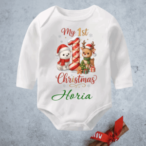 Body bebeluș Crăciun personalizat – „My 1st Christmas” cu numele copilului | Atelierul Fermecat